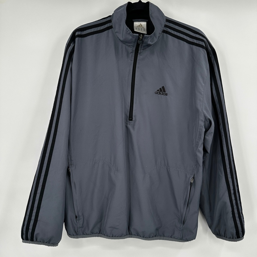 Adidas Mens Grey Black 3-Stripe Quarter Zip Windbreaker Jacket Size Medium Y2K